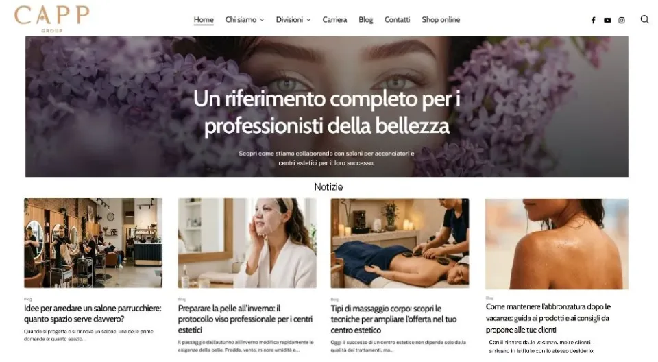 Homepage CAPP Group con servizi, contenuti e novità per il settore estetica e haircare