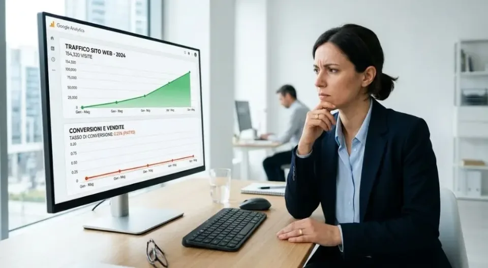 Donna al pc che guarda e analizza dati
