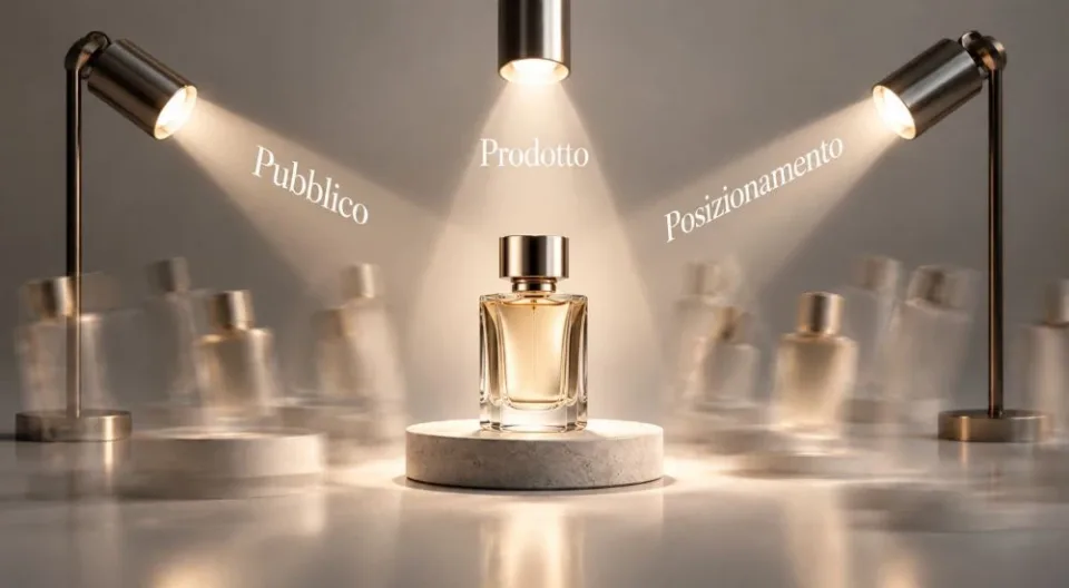 Flacone di profumo illuminato in un set che richiama prodotto, pubblico e posizionamento.