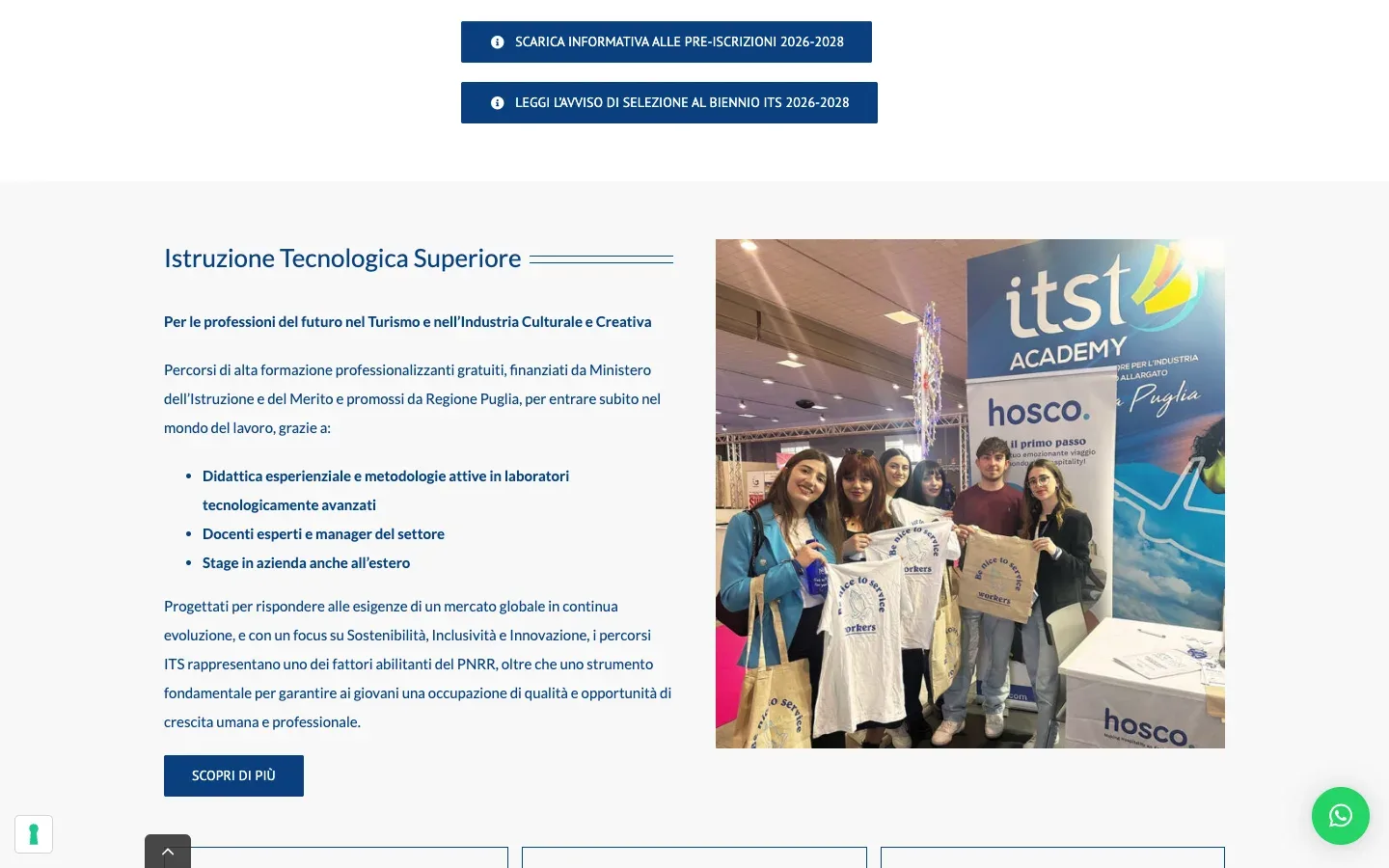 Il sito di ITS Academy Turismo Puglia realizzato da Moviweb: una sezione della home page