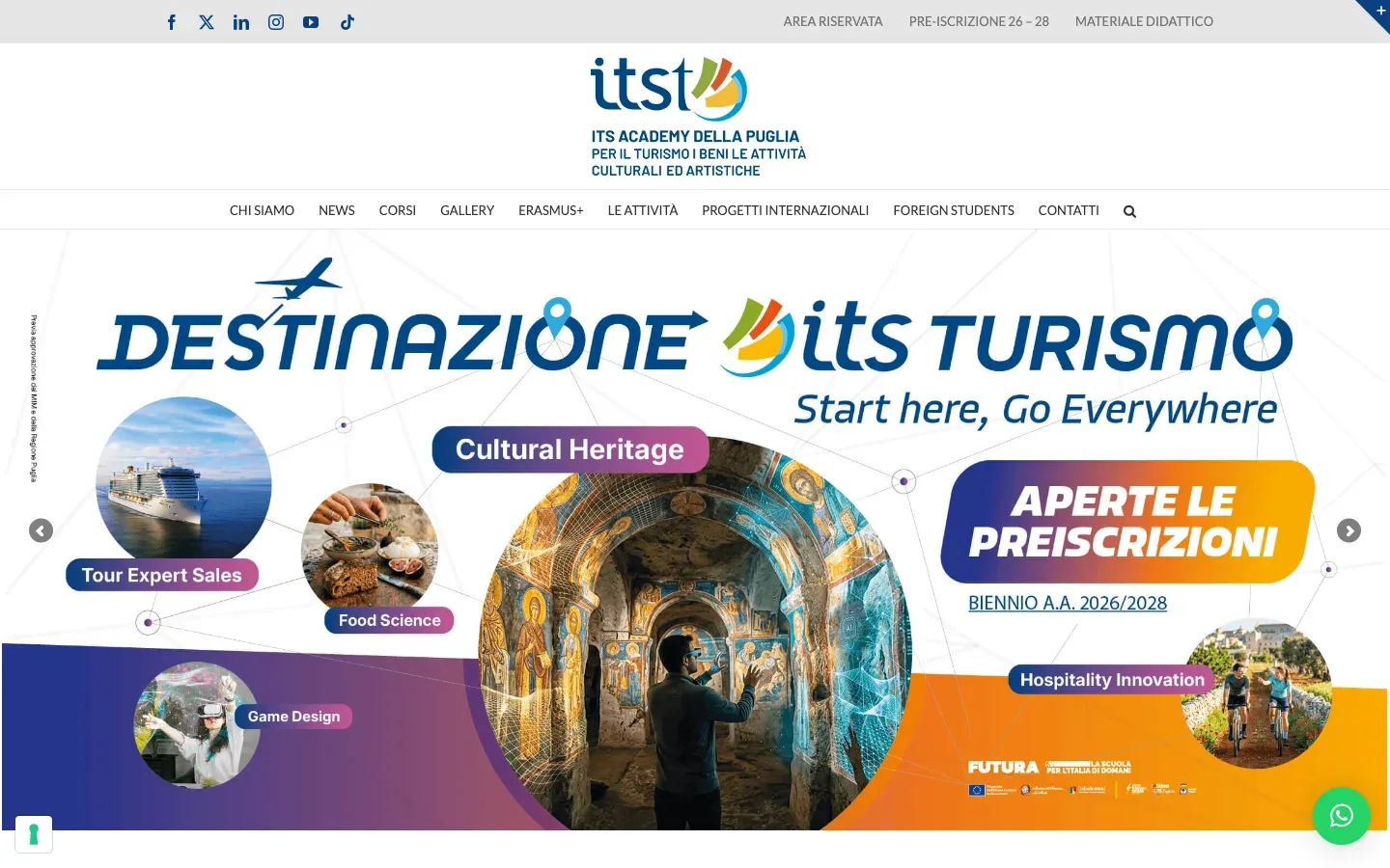 Il sito di ITS Academy Turismo Puglia realizzato da Moviweb: home page, versione desktop