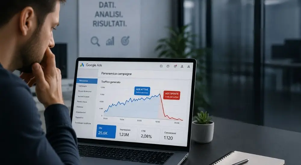 Uomo al pc che analizza i dati dell'e-commerce legato alle ADS